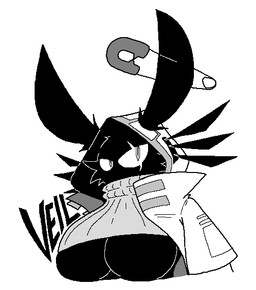 anthro big_breasts black_body black_fur breasts cheek_tuft clothing eye_scar facial_scar facial_tuft female fur hoodie looking_at_viewer mouthless safety_pin safety_pin_in_ear scar simple_background solo sweater text topwear tuft under_boob white_background sabgong veil_(sabgong) lagomorph leporid mammal rabbit black_and_white character_name monochrome