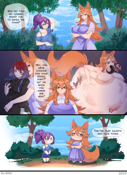 black_clothing blue_clothing blue_eyes blue_sky clothing female female_pred female_prey group hair nipples oral_vore orange_eyes orange_hair outside overweight plant purple_hair sky speech_bubble text tree vore 4kkc animal_humanoid canid canid_humanoid canine canine_humanoid fox_humanoid human humanoid mammal mammal_humanoid 2023 absurd_res comic hi_res