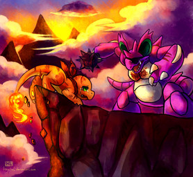 blood bodily_fluids cliff cloud crying duo eye_patch eyewear feral fire flaming_tail green_eyes mace male melee_weapon mountain orange_body orange_skin outside purple_body scarf sunset tail tears weapon wounded haychel nintendo pokemon charmander generation_1_pokemon nidoking pokemon_(species) digital_media_(artwork)