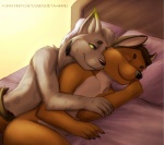 anthro bed countershading cuddling duo eyes_closed furniture hug lying male male/male on_bed on_side romantic romantic_couple smile spooning yellow_eyes zeta-haru hicktown omericka canid canine canis coyote felid feline lynx mammal