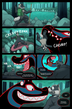 anthro backpack biped detailed_background dialogue duo featureless_crotch fur green_backpack green_eyes grey_body grey_fur hiking laugh macro male nude open_mouth open_smile size_difference smile speech_bubble surprised text tongue tongue_out sexotheque coyote_(gunnerkrigg_court) wixter badger canid canine canis coyote deity mammal mustelid musteline 2026 2:3 absurd_res comic digital_media_(artwork) english_text hi_res