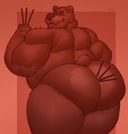 anthro big_butt biped brown_body brown_fur butt food fur huge_butt male musclegut muscular one_eye_closed overweight overweight_anthro overweight_male presenting presenting_hindquarters rear_view simple_background smile solo thick_thighs tongue tongue_out wide_hips wink gabgbb pocky pocky_and_pretz_day bear mammal 2022 digital_media_(artwork) hi_res