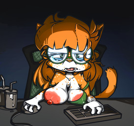 anthro areola areola_slip beverage big_areola big_nipples breasts clothing computer_keyboard computer_mouse container cup exposed_breasts eyewear female freckled_arms freckled_breasts freckled_chest freckled_face freckled_shoulders freckles fur gaming gaming_chair glasses green_clothing green_eyes green_shirt green_topwear hair livestream multicolored_body multicolored_fur nipple_outline nipples oblivious oblivious_nudity orange_body orange_fur orange_hair partially_clothed_anthro partially_clothed_female pink_areola pink_nipples shirt solo spots topwear underwear wearing_glasses white_arms white_body white_breasts white_chest white_face white_fur white_hands white_mouth white_neck scott_ramsoomair vglewds vg_cats april_(vg_cats) domestic_cat felid feline felis mammal absurd_res hi_res