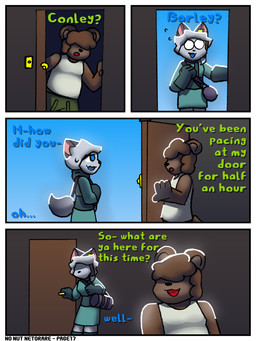 anthro cheating_girlfriend dialogue door duo female front_door infidelity inviting male male/female open_door shocked winter_clothing connorsconnor no_nut_november barley_(connorsconnor) conley bear hybrid mammal 3:4 colored comic hi_res meme shaded