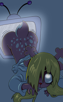 anthro blonde_hair bottomless clothed clothing electronics female hair hair_over_eye simple_background solo television araby deltarune the_ring undertale undertale_(series) noelle_holiday deer mammal 5:8 hi_res