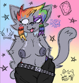 anthro areola arm_tuft belly belt big_areola big_breasts blush blush_stickers breasts cartoon_freckles clothing elbow_tuft eyelashes female freckled_belly freckled_chest freckled_face freckled_shoulders freckles fur grey_body grey_fur hair inverted_nipples long_eyelashes multicolored_clothing multicolored_hair multicolored_underwear nipples raccoon_tail_hair rainbow_clothing rainbow_hair rainbow_underwear shoulder_tuft solo studded_belt studs tongue tongue_out tuft underwear white_eyes splashrollup nyan_cat_(copyright) nyan_cat felid feline mammal hi_res meme