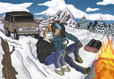 anthro antlers biped campfire duo fire horn hug male male/male mountain outside scenery sitting snow truck vehicle winter badaspen bovid canid canine canis caprine deer goat hybrid mammal wolf hi_res