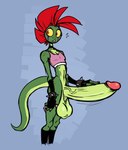 anthro balls big_penis blue_background bottomless bottomless_anthro bottomless_male bracelet choker clothed clothing crop_top erection fingerless_gloves footwear freckled_shoulders freckles genitals gloves green_body green_scales hair handwear huge_penis humanoid_genitalia humanoid_penis jewelry male mohawk necklace penis red_hair scales sharp_teeth shirt simple_background socks solo spiked_bracelet spikes teeth topwear vein veiny_penis wide_eyed yellow_sclera ghastlygh ash_(g-h-) gecko lizard reptile scalie 2025 hi_res nonbinary_(lore)