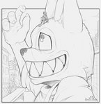 4_fingers ambiguous_gender building city city_background claws clothed clothing cloud day detailed_background duo female fence fingers grin inner_ear_fluff macro male outside size_difference sky smaller_female smile tuft s2-freak gleipnir shuichi_kagaya canid canine humanoid mammal black_and_white monochrome watermark