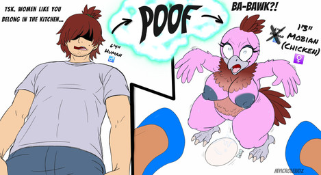 anthro bodily_fluids breasts crossgender dialogue egg female gender_transformation genitals high-angle_view human_to_anthro karmic_transformation misogyny mtf_transformation nipples oviposition sexism shortstack shortstack_female shrinking size_difference size_play size_transformation solo species_transformation sweat text transformation vulva myicrolewdz xxbluespinxx instant_loss_2koma avian bird chicken galliform human mammal phasianid english_text hi_res
