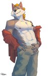 abs anthro athletic athletic_anthro athletic_male biceps biped black_eyes blonde_mane ear_piercing fur grey_body grey_fur industrial_piercing looking_at_viewer male mane pants_only pecs piercing shirtless_anthro shirtless_male solo white_body white_fur ruthert4 canid canine canis mammal wolf 2024 hi_res