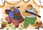 angry anthro belly bottomwear clothing eyewear for_a_head glasses group holidays kemono male overweight overweight_male pants pumpkin_head shirt topwear weapon bonbonbear tuokemao halloween lifewonders tokyo_afterschool_summoners goemon_(tas) volos_(tas) bear canid canine mammal object_head raccoon_dog tanuki 2020