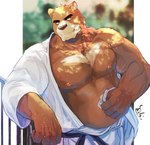 anthro brown_body brown_fur brown_nose fur humanoid_hands keikogi kemono male martial_arts_uniform musclegut muscular muscular_male nipples overweight overweight_anthro overweight_male solo sportswear yu_chi_i morenatsu juuichi_mikazuki bear mammal 2021