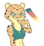 anthro bra breasts clothing eyewear facial_markings female glasses head_markings looking_at_viewer markings smile solo sports_bra tear_(marking) underwear tggeko disney zootopia kii_catano cheetah felid feline mammal