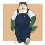 anthro biped black_nose blush clothing green_body male open_mouth overalls overweight overweight_male simple_background solo yaki_atsuage lifewonders live_a_hero mokdai canid canine canis domestic_dog mammal 1:1 2024 hi_res