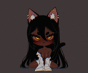 blush bottomless breasts chibi clothed clothing dark_body dark_skin ear_piercing ear_ring female fur hair industrial_piercing looking_at_viewer oversized_clothing oversized_shirt oversized_topwear piercing ring_piercing shirt solo tail topwear yellow_eyes crystalsugarstars random_cat_girl domestic_cat felid feline felis humanoid mammal 2023 chromatic_aberration digital_media_(artwork) hi_res