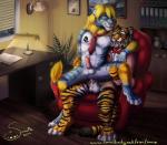 abs anthro biceps big_muscles bow_(feature) bow_tie chair duo eyes_closed furniture hair male male/male muscular muscular_male necktie office pecs sowia felid lion mammal pantherine tiger 2013