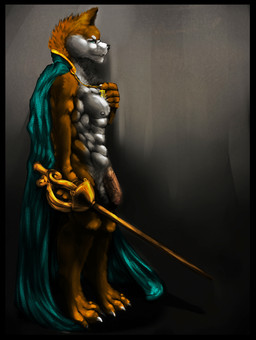 abs anthro biped blue_eyes cape clothing foreskin fur genitals holding_melee_weapon holding_object holding_sword holding_weapon humanoid_genitalia humanoid_penis looking_at_viewer male male_anthro melee_weapon mostly_nude muscular muscular_anthro muscular_male narrowed_eyes nipples orange_body orange_fur orange_penis pecs penis side_view simple_background solo standing sword weapon white_body white_fur chumbasket canid canine mammal full-length_portrait hi_res portrait