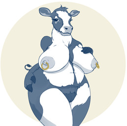anthro anthrofied areola belly belly_markings big_breasts breasts cow_ears curvy_figure eye_markings eyelashes facial_markings female fingers fur fur_tuft genitals geometric_background gold_nipple_ring grey_areola grey_body grey_fur grey_nipples grey_snout hand_on_breast hand_on_hip head_markings head_tuft hooved_fingers hooves huge_breasts markings mascot mottled mottled_body mottled_fur multicolored_body multicolored_fur multicolored_legs navel nipple_piercing nipple_ring nipples overweight overweight_female piercing pose ring_piercing sagging_breasts simple_background smile smiling_at_viewer snout snout_markings solo tail tail_tuft thick_neck thick_thighs tuft vulva white_body white_fur wide_hips 4chan_anon unknown_artist devondale devondale_cow bovid bovine cattle dairy_cattle holstein_friesian_cattle mammal 2026 colored digital_drawing_(artwork) digital_media_(artwork) hi_res pinup shaded