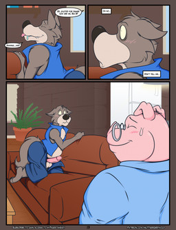 anthro balls black_nose blue_bottomwear blue_clothing blue_dress_shirt blue_shorts blue_topwear blue_vest blush blush_lines bodily_fluids bottomwear building clothed clothed_anthro clothed_male clothing collared_shirt constricted_pupils dialogue dress_shirt drooling duo erection eyewear fully_clothed fully_clothed_anthro fully_clothed_male fur furniture genitals glasses grey_body grey_fur house long_snout male partially_clothed_anthro partially_clothed_male penis penis_poking_out pink_body plant plant_pot potted_plant pupils saliva sharp_teeth shirt shorts small_pupils snout sofa speech_bubble surprised sweat sweatdrop teeth text text_box thought thoughts topwear vest wearing_glasses huttsergreywolf fairy_tales the_three_little_pigs big_bad_wolf bigby_(huttsergreywolf) swinestein canid canine canis domestic_pig mammal suid suine sus_(pig) wolf comic english_text hi_res url