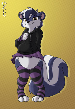 anthro big_tail bottomwear clothing diaper eyeshadow femboy gloves half-closed_eyes handwear hoodie legwear looking_at_viewer makeup male narrowed_eyes pattern_clothing pattern_gloves pattern_handwear pattern_legwear pattern_stockings skirt solo stockings striped_clothing striped_gloves striped_handwear striped_legwear striped_stockings stripes tail topwear underwear conditional_dnp yakukitsu yaku_(yakukitsu) domestic_cat felid feline felis hybrid mammal mephitid skunk