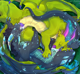 69_position blue_body blue_tongue bodily_fluids crystal cum cum_drip cum_in_mouth cum_inside dripping duo feral fur genital_fluids genitals green_body horn horn_jewelry jewelry knot knotted_penis male male/male oral penis purple_tongue sex tongue anora_drakon mythology lass_(datdirtylime) vayne_(vaynethedragon) crystal_dragon dragon furred_dragon furred_scalie mythological_creature mythological_scalie scalie hi_res