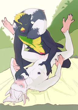 anthro black_body black_fur black_nipples duo feet female female_penetrated from_front_position fur genitals handpaw lying male male/female male_penetrating male_penetrating_female missionary_position nipples on_back outside paws penetration penile penile_penetration penis penis_in_vagina sex vaginal vaginal_penetration vulva white_body white_fur snofu felid feline haplorhine hybrid lemur mammal monkey primate strepsirrhine hi_res