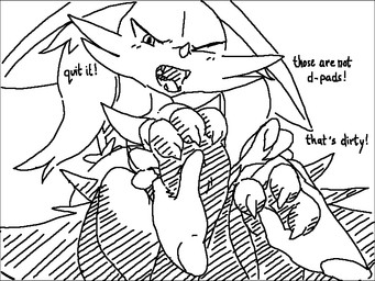 1-bit 3_fingers 3_toes 5_fingers ambiguous_anthro ambiguous_gender ambiguous_human angry anthro arm_tuft biped black_border border cheek_tuft claws demanding digitigrade disembodied_hand duo ears_down exclamation_point facial_tuft fangs feet fingers foot_fetish front_view hip_tuft holding_feet inner_ear_fluff nude_ambiguous nude_anthro object_in_tail one_eye_closed open_mouth pivoted_ears pointy_ears prick_ears shoulder_tuft simple_background sitting solo_focus stick stick_in_tail tail tapering_snout teeth text toe_claws toes tuft white_background stoic5 nintendo pokemon braixen canid generation_6_pokemon human mammal pokemon_(species) 2020 4:3 aliasing binary_drawing black_and_white digital_drawing_(artwork) digital_media_(artwork) english_description english_text greyscale monochrome