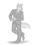 anthro biped bottomwear classy closed_smile clothed clothing dress_pants dress_shoes footwear fully_clothed fur jacket looking_away male mouth_closed necktie pants shoes smile solo suit tail topwear walking nicnak044 diesel_benson canid canine canis mammal wolf 2024 digital_drawing_(artwork) digital_media_(artwork) hi_res monochrome signature sketch