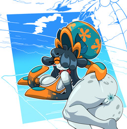 abstract_background anus big_breasts big_butt biped blue_body blue_hair blush blush_stickers bottomless bottomless_female breasts butt cleavage closed_smile clothed clothing eyebrows eyelashes eyes_closed female genitals hair hand_on_butt lei long_eyelashes looking_at_viewer looking_back lying mouth_closed non-mammal_breasts one_eye_obstructed orange_clothing presenting presenting_hindquarters rear_view smile solo spots spotted_butt tentacle_arms thick_thighs topwear vulva thompson-vonjung vermin_fight_club stormaora animal_humanoid aquatic aquatic_humanoid cnidarian humanoid jellyfish medusozoan vermin_(species) 2025 digital_drawing_(artwork) digital_media_(artwork) hi_res