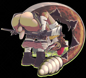 anthro anus ball_tuft balls bent_over big_butt big_tail bodily_fluids boots bottomwear bottomwear_down brown_hair butt clothed clothing fangs footwear foreskin forked_tongue genitals gun hair holding_gun holding_object holding_ranged_weapon holding_rifle holding_weapon humanoid_genitalia humanoid_penis male pants pants_down partially_clothed penis pupils raised_tail ranged_weapon rattle_(anatomy) rifle saliva shoes slit_pupils solo tail teeth thick_tail tongue tongue_out tuft weapon shortstackhell fallout microsoft skele_(skelebot) night_stalker_(fallout) reptile scalie snake absurd_res hi_res