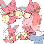 blush book duo feral flower hair heart_symbol hug male pink_body pink_hair plant reading reading_book text picco_(artist) nintendo pokemon clem_(picco) generation_9_pokemon human mammal pawmot pokemon_(species) shiny_pokemon 1:1 hi_res japanese_text