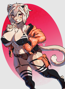 5_fingers abs anthro areola areola_slip band-aid band-aid_on_face bandage bandage_on_face big_breasts blush bottomwear bra breasts cleavage clothed clothed_anthro clothed_female clothing curvy_figure female female_anthro fingers fur hair jacket legwear light_body light_fur light_hair light_tail looking_at_viewer midriff nipple_outline red_eyes shorts smile solo squish standing stockings tail thick_thighs thigh_highs thigh_pouch thigh_squish toeless_legwear topwear under_boob underwear voluptuous white_hair wide_hips avante92 frankie_(extremedash) felid feline mammal 2020 digital_media_(artwork) hi_res portrait three-quarter_portrait
