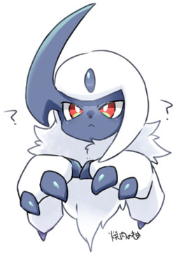 3_claws ambiguous_form ambiguous_gender claw_fingers claws fur grey_horn horn question_mark red_eyes simple_background solo white_background white_body white_fur white_sclera yakiniku628 nintendo pokemon absol generation_3_pokemon pokemon_(species) colored half-length_portrait portrait