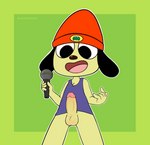 anthro balls beanie clothing electronics erection genitals green_background hat headgear headwear male microphone open_mouth penis purple_clothing purple_shirt purple_topwear shirt simple_background smile solo tank_top topwear sherwind52 parappa_the_rapper sony_corporation sony_interactive_entertainment parappa canid canine canis domestic_dog mammal absurd_res hi_res