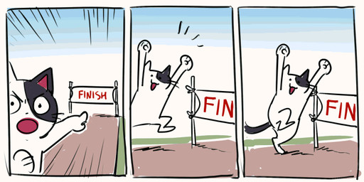 3_panel_comic ambiguous_gender black_eyes black_nose day explosion eyebrows finish_line gesture hand_gesture open_mouth open_smile outside paws pointing raised_arms red_text smile solo tail text whiskers white_body white_sclera flavia-elric domestic_cat felid feline felis mammal 2025 2:1 animated animated_comic comic english_text multiple_scenes