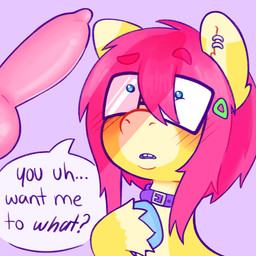 animal_genitalia big_penis blue_eyes blue_hooves blush blush_lines buckteeth canine_genitalia collar dialogue duo ear_piercing eyewear faceless_character faceless_male feral fur genitals glasses hair hooves imminent_sex knot knotted_penis looming looming_over male male/male nerd penis piercing pink_hair question question_mark shadow shocked speech_bubble teeth yellow_body yellow_fur relishcatpie friendship_is_magic hasbro my_little_pony mythology fan_character canid canine equid equine horse mammal mythological_canine mythological_creature pony werecanid werecanine werecreature werewolf hi_res trans_(lore) trans_man_(lore)