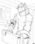 anthro duo eye_roll feet inside laundry laundry_basket male membrane_(anatomy) otter_tail smile text toes webbed_feet pandottermon equid equine horse mammal mustelid otter 2020 artist_name hi_res monochrome signature