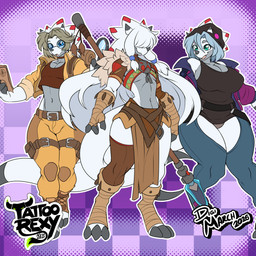 ambiguous_gender anthro anthrofied beanie breasts clothing crop_top eyewear female glasses group hair hair_over_eyes hat headgear headwear horn jacket male navel shirt topwear tribal tribal_clothing trio white_body tattoorexy bandai_namco digimon digimon_(species) gammamon scalie 2026