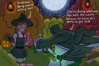 altar book breasts candle clothed clothing detailed_background digit_ring dress duo eyes_closed female feral forest freckles full_moon fully_clothed goofy_smile grass hair happy hat headgear headwear holding_object holidays humor jack-o'-lantern jewelry joke kneeling lamp lantern long_hair looking_at_another lying magic magic_circle magic_user male male/female married_couple medium_breasts moon on_altar on_back on_grass on_ground orange_hair outside plant playful profanity ring ritual side_view smile text tongue tongue_out translucent tree wedding_ring witch_hat magnum_mk european_mythology halloween mythology gretchen_(magnum_mk) lucius_(magnum_mk) dragon human mammal mythological_creature mythological_scalie scalie western_dragon 2024 3:2 digital_media_(artwork) english_text hi_res shaded soft_shading