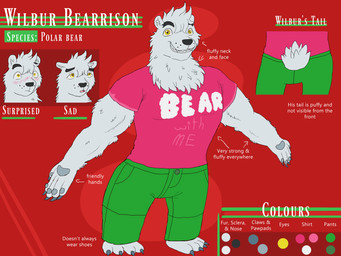 4_toes 5_fingers anthro barefoot black_eyebrows black_nose blue_claws blush blush_lines bottomwear button_(fastener) chest_tuft claws clothed clothed_anthro clothed_male clothing color_swatch directional_arrow expressions eyebrows feet finger_claws fingers fluffy fluffy_tail fully_clothed fully_clothed_anthro fully_clothed_male green_bottomwear green_clothing green_pants grey_pawpads hair hand_pawpads happy looking_at_viewer male male_anthro muscular muscular_anthro muscular_male pants pawpads pink_clothing pink_shirt pink_t-shirt pink_topwear pockets red_background sad sanding shirt short_hair simple_background smile smiling_at_viewer solo straight_arms straight_legs surprised t-shirt tail text text_on_clothing text_on_shirt text_on_topwear thick_eyebrows toe_claws toes topwear tuft wavy_hair whisker_spots white_hair white_tail wide_hipped_anthro wide_hipped_male yellow_eyes skywater eternal_forwardness wilbur_bearrison bear mammal polar_bear ursine 2017 4:3 absurd_res adobe_photoshop_(artwork) character_name colored digital_media_(artwork) english_description english_text hi_res model_sheet shaded simple_shading