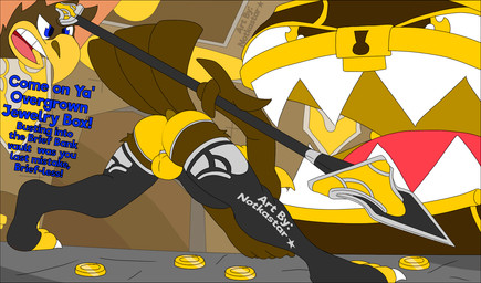anthro balls bank bouncing_balls briefs clothing coin crouching dialogue genitals gold_(metal) gold_coin hoodie inside leggings legwear male melee_weapon polearm solo spear topwear underwear weapon conditional_dnp notkastar accipitrid accipitriform avian bird mimic mimic_chest monster animated hi_res high_framerate