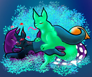 ambiguous_gender between_legs blue_body blue_eyes blue_markings eyes_closed face_to_face female feral green_body group group_sex heart_symbol imminent_sex lying markings narrowed_eyes on_back on_front on_top orange_markings pawpads paws plant purple_body red_markings seductive sex simple_background sitting_on_another spikes spots straddling stripes threesome tongue trio kayw2324 rain_world videocult inv_(rain_world) saint_(rain_world) spearmaster_(rain_world) slugcat hi_res