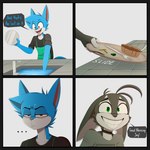1:1 4_panel_comic anthro apron black_border blue_body blue_fur border canid canine cheek_tuft clothing dialogue domestic_cat duo ears_down english_text facial_tuft fangs felid feline felis fox fur grey_body grey_fur grin half-closed_eyes hi_res humor hybrid jay-r jay-r_(character) long_sleeve_shirt male mammal narrowed_eyes nervous nervous_smile open_mouth open_smile page_(jay-r) pivoted_ears simple_background smile speech_bubble teeth text tuft washing_dishes white_background white_body white_fur wide_eyed