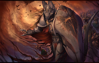 ambiguous_gender anthro armor biped cape clothed clothing crowd grey_body group holding_object holding_shield horn male outside red_cape red_clothing shield shoulder_plates text yellow_eyes kredri wretched_sun yaraga 2025 artist_name colored english_text hi_res story story_in_description female_(lore)