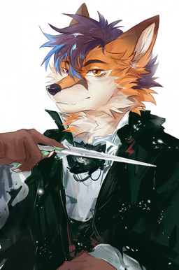 anthro black_clothing blue_hair clothing dagger fur hair knife looking_at_viewer male melee_weapon orange_body orange_fur simple_background solo topwear weapon white_background yellow_eyes antonio_salieri simone_parker canid canine fox mammal hi_res portrait