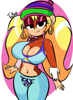 anthro beanie big_breasts breasts brown_body brown_fur cleavage clothed clothing ear_piercing ear_ring eyelashes female fur hair half-closed_eyes hat headgear headwear huge_breasts long_hair looking_at_viewer midriff narrowed_eyes navel piercing ring_piercing solo standing thick_thighs twintails_(hairstyle) wide_hips diego_mejia donkey_kong_(series) nintendo tiny_kong haplorhine mammal monkey primate