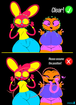 anthro aroused aroused_face aroused_smile big_breasts big_butt big_ear big_tongue black_background black_eyes blue_bottomwear blue_clothing blue_eyes blue_nose blue_pants blue_tongue blush blush_lines bodily_fluids bottomwear breasts bulge butt cheek_markings clothed clothing dominant dominant_female dripping duo erect_nipples eyebrows eyelashes facial_markings female fingers freckled_face freckles fur gesture hair hand_gesture head_markings head_tuft heart_nose heart_symbol huge_breasts imminent_oral imminent_oral_sex imminent_rimming larger_male looking_at_viewer male male/female markings meme_pose narrowed_eyes nipples open_mouth orange_body pants pepper_(sundaebunnyx) pink_bottomwear pink_clothing pink_sclera pink_shorts pink_tongue pose purple_clothing purple_shirt purple_topwear red_body red_hair saliva saliva_drip saliva_on_tongue sex shirt shorts simple_background size_difference smaller_female smile submissive submissive_male sundaex text thick_thighs tongue tongue_out topwear tuft v_sign white_freckles wide_eyed wide_hipped_anthro wide_hipped_female wide_hipped_male wide_hips yellow_clothing yellow_sclera yellow_shirt yellow_topwear sundaebunnyx face_verification_meme amphibian frog lagomorph leporid mammal rabbit absurd_res comic digital_media_(artwork) english_text hi_res meme