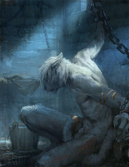 animal_genitalia anthro balls biped bound chain chained claws clothed clothing cuff_(restraint) detailed_background dungeon fur genitals gold_(metal) gold_jewelry hair jewelry male nude prisoner restraints shackles sheath sitting solo white_body white_fur white_hair nomax alexis_(hacken) felid mammal pantherine tiger 2019 digital_media_(artwork) hi_res