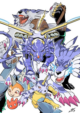 anthro armor attack baby_digimon black_nose black_sclera blue_body blue_eyes blue_fur blue_markings bottomwear claws clothing evolutionary_family fangs feral fist fur group head_markings horn machine male markings neonate open_mouth orange_body pants purple_claws red_body red_eyes red_nose spiked_tail spikes spikes_(anatomy) stripes tail teeth tongue wings yellow_body yellow_eyes young fiorelliivan bandai_namco digimon canid canine digimon_(species) gabumon garurumon mammal metalgarurumon punimon reptile robot scalie tsunomon werecanid werecanine werecreature weregarurumon 2019 hi_res